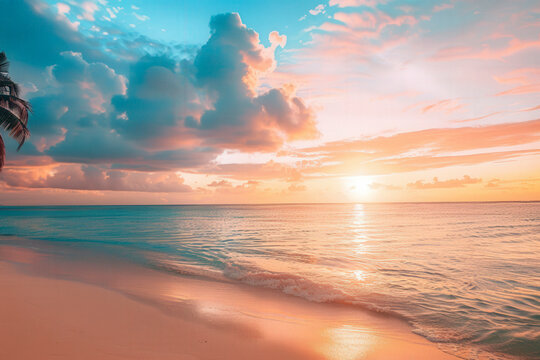 Summer closeup sunset sea sky landscape. Colorful ocean beach sunrise. Beautiful beach reflections calm waves, soft sandy beach.
