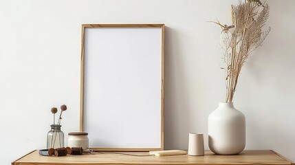 Interior of modern living room with white walls, concrete floor, wooden mock up poster frame and plants