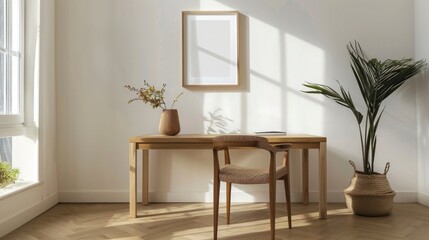 Fototapeta premium Interior of modern living room with white walls, concrete floor, wooden mock up poster frame and plants