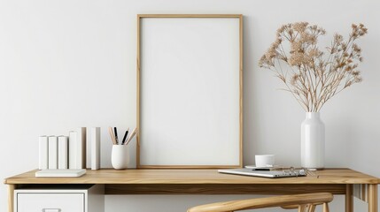 Interior of modern living room with white walls, concrete floor, wooden mock up poster frame and plants