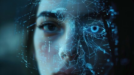 A woman face is shown in a blue digital computer screen reflection