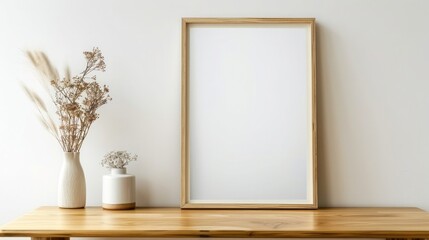 Interior of modern living room with white walls, concrete floor, wooden mock up poster frame and plants
