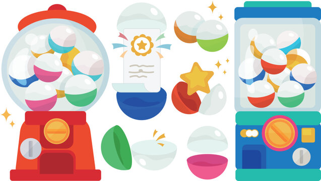 a set of adorable illustrations of japanese toy capsule vending machine, called gacha machine, suitable for scenarios such as raffles, games, blind boxes, and more.