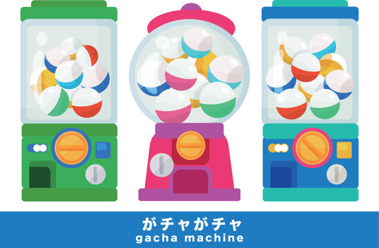 a set of adorable illustrations of japanese toy capsule vending machine, called gacha machine, suitable for scenarios such as raffles, games, blind boxes, and more.