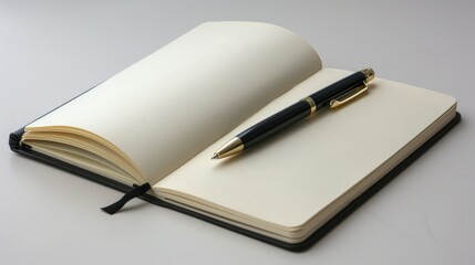Notebook and pen combination contrasts with white surface
