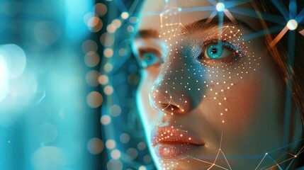 A woman face is shown in a blue digital computer screen reflection