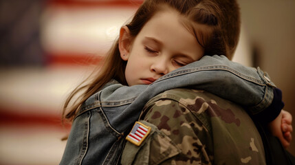 Tender reunion of a military father enveloped in his daughter's embrace, under the emblem of the American flag.