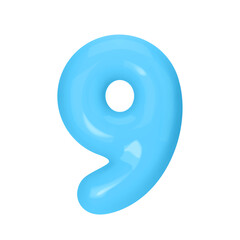 Numeral 9 - Blue Plastic Balloon Number nine Isolated on White Background. 3D Style Vector Illustration