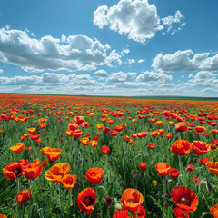 Fototapeta premium meadow in spring with flowers in the foreground under a blue sky with clouds here and there