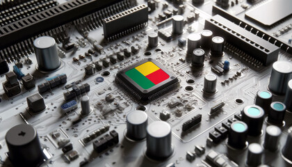 Fototapeta premium Close-up of a microchip with the Benin flag, highlighting Benin leadership in technology and electronics