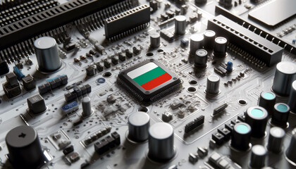 Fototapeta premium Close-up of a microchip with the Bulgaria flag, highlighting Bulgaria leadership in technology and electronics