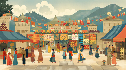 Obraz premium A group of people are walking down a street in a foreign country