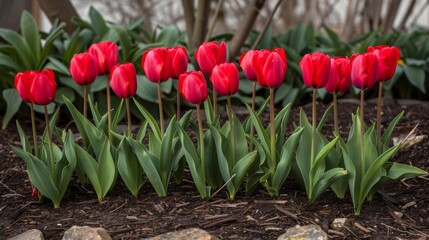 A row of vibrant red tulips swaying gently in the breeze, a welcome sign of spring's arrival.