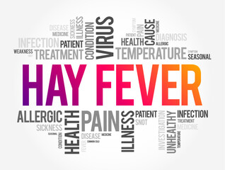 Hay Fever or allergic rhinitis - seasonal allergic reaction to pollen, causes cold-like symptoms, word cloud concept background