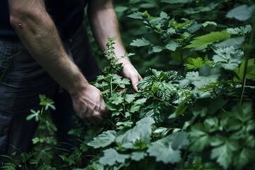 Naklejka premium Foraging Chef Explores Nature's Bounty in Culinary Creations,Showcasing Sustainable and Authentic Culinary Practices