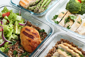Healthy food. Different meals in glass containers on table, closeup