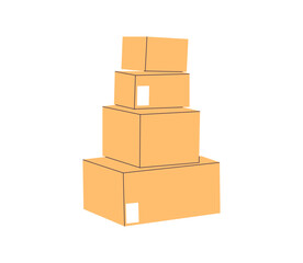 Obraz premium Cardboard box, packed cargo, pile of boxes, goods, parcels pile, many carton packages heap, carton boxes, goods packaged for warehouse storage, cargo shipping or delivery flat vector illustration. 