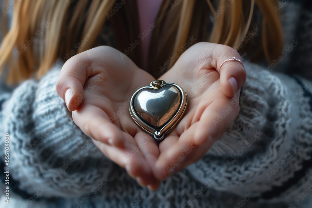 Wall mural cropped photo of someone holding a small heart locket, 