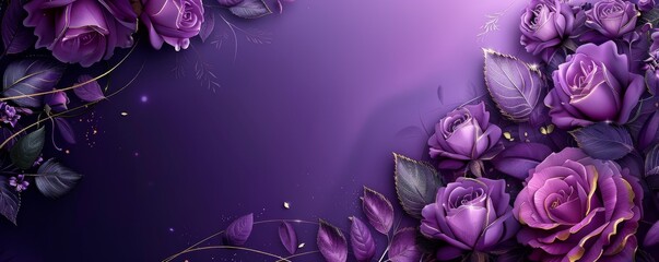 Elegant purple roses with green leaves on a matching purple background