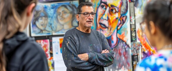 Fototapeta premium An Art Teacher Guiding Students Through A Vibrant Painting Class In A Studio Filled With Inspiration