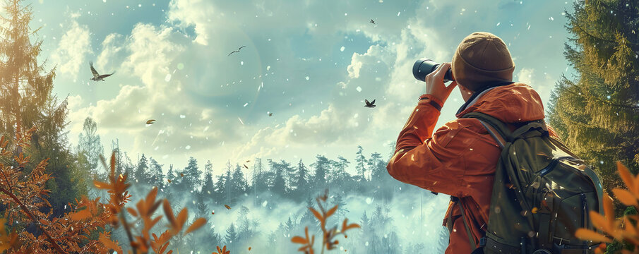 An avid birdwatcher observing a variety of bird species through binoculars in a tranquil forest.