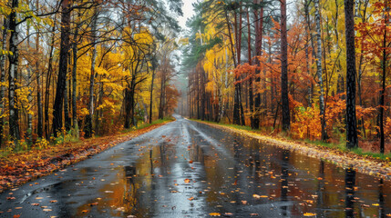 Obraz premium Low Angle View of Wet Road in Autumn Forest on Rainy Day