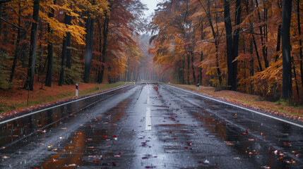 Low Angle View of Wet Road in Autumn Forest on Rainy Day
