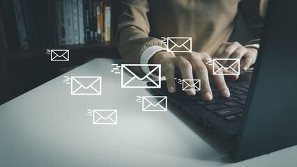 Email electronic technology, concept of using digital media, social media online surfing, client hand using laptop to use the internet, check email