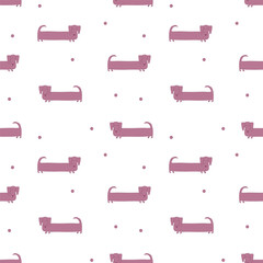 Seamless pattern with pink Dachshund dog. Vector illustration.