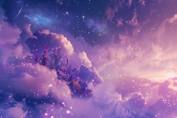 Obraz premium A dreamy sky filled with fluffy clouds and shimmering stars against a serene purple and pink backdrop, creating a magical celestial atmosphere.