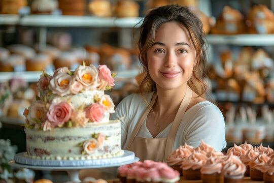 Young woman in a small bakery smiling next to a beautifully decorated cake and cupcakes, showcasing her artisan skills