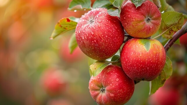 A cluster of ripe red apples hanging from a branch in an orchard, ready for harvest.