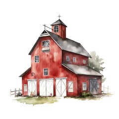 Cute barn watercolor illustration, animals and farm clipart