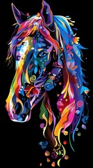 A luminescent image of a horse with a bright abstract pattern on a black background.