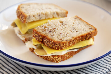 Homemade Pickle Sandwich with Mayo and Cheese on a Plate, side view.