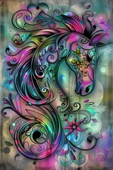 Horse with abstract floral design on a patterned background.