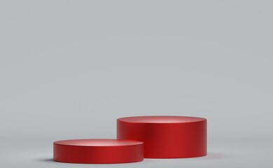 Two red circular podiums. 3D rendering. circular platforms mockup illustration.