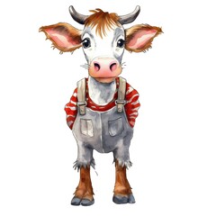 Cute cow with clothes watercolor illustration, animals and farm clipart