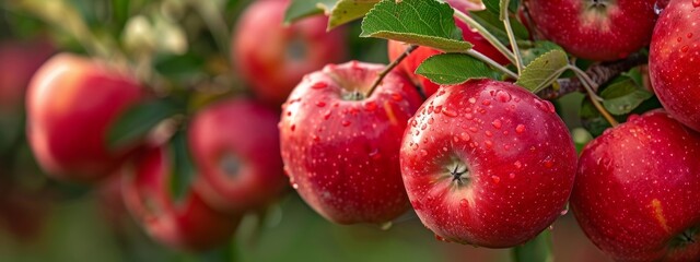 A cluster of ripe red apples hanging from a branch in an orchard, ready for harvest.