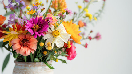 Fototapeta premium A close-up of a vibrant bouquet of wildflowers arranged in a rustic ceramic vase, with a white background