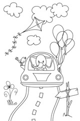 Elephant Driving A Car On A Summer Day. Is A Coloring Page For Children'S Creativity