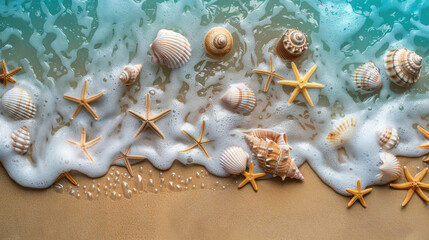 Fototapeta premium Seashells and Starfish on Sunlit Tropical Beach
