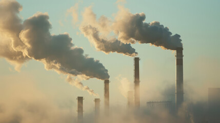 Multiple smokestacks release plumes of smoke into the air at dawn. The sky is hazy with a soft light