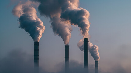 A photograph of four tall industrial chimneys emitting thick plumes of smoke into the air