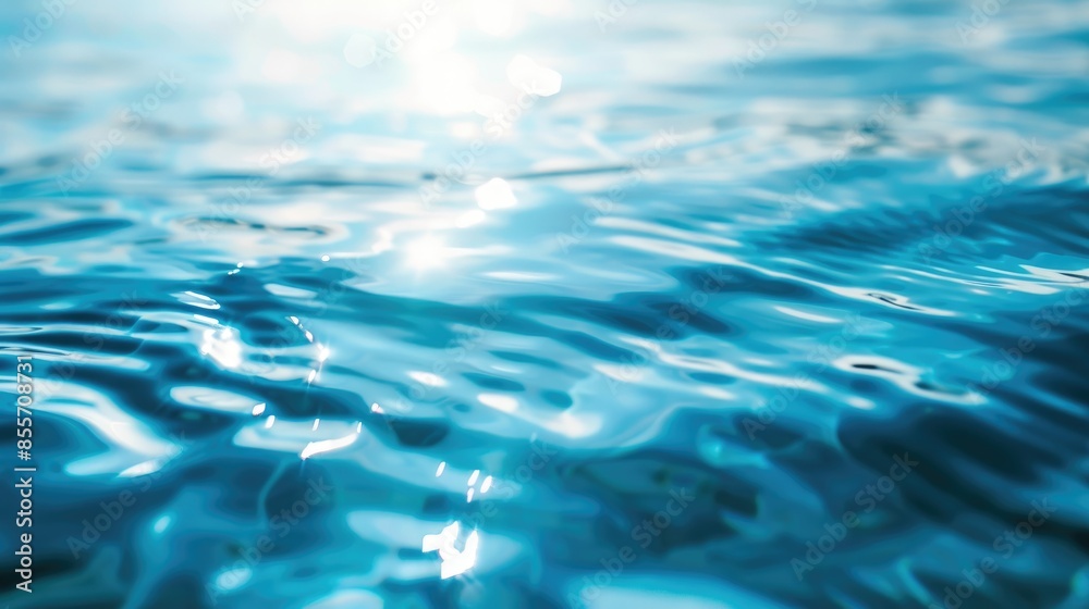 Sticker blurry close up of blue water surface with sunlight reflection from above