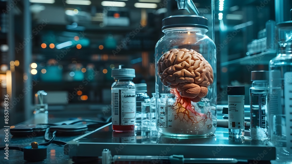 Poster brain in jar with scientific instruments and data charts in research lab environment