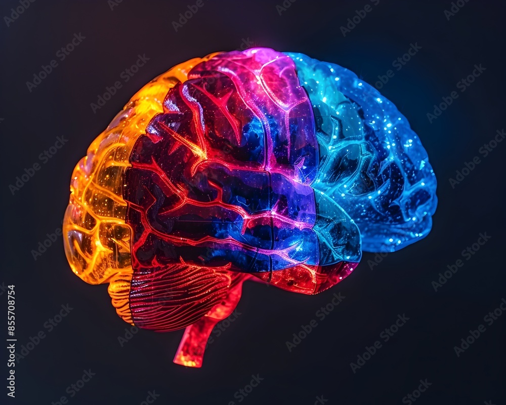 Poster illuminated sectional brain representing cognitive functions and neurological processes