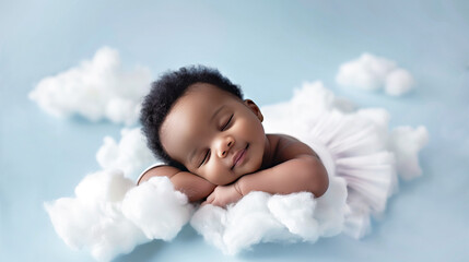 A newborn African-American girl in an angel costume with wings sleeps on a white cloud. A little girl in a white elegant bodysuit on a blue background. The concept of childhood and happy motherhood