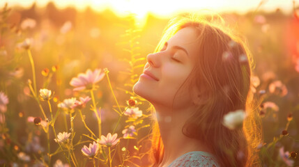 Fototapeta premium A woman with her eyes closed stands in a field of flowers as the sun sets, creating a warm and golden glow