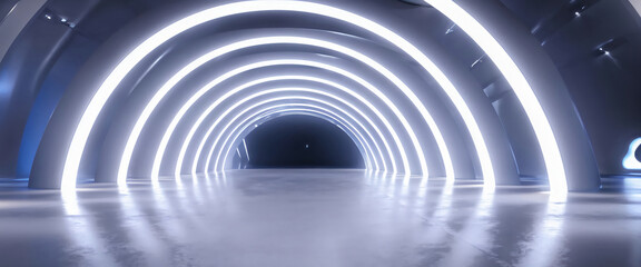  White background 3D room light abstract space technology tunnel stage floor. Empty white future 3D neon background studio futuristic corridor render modern interior silver road black wall design gray